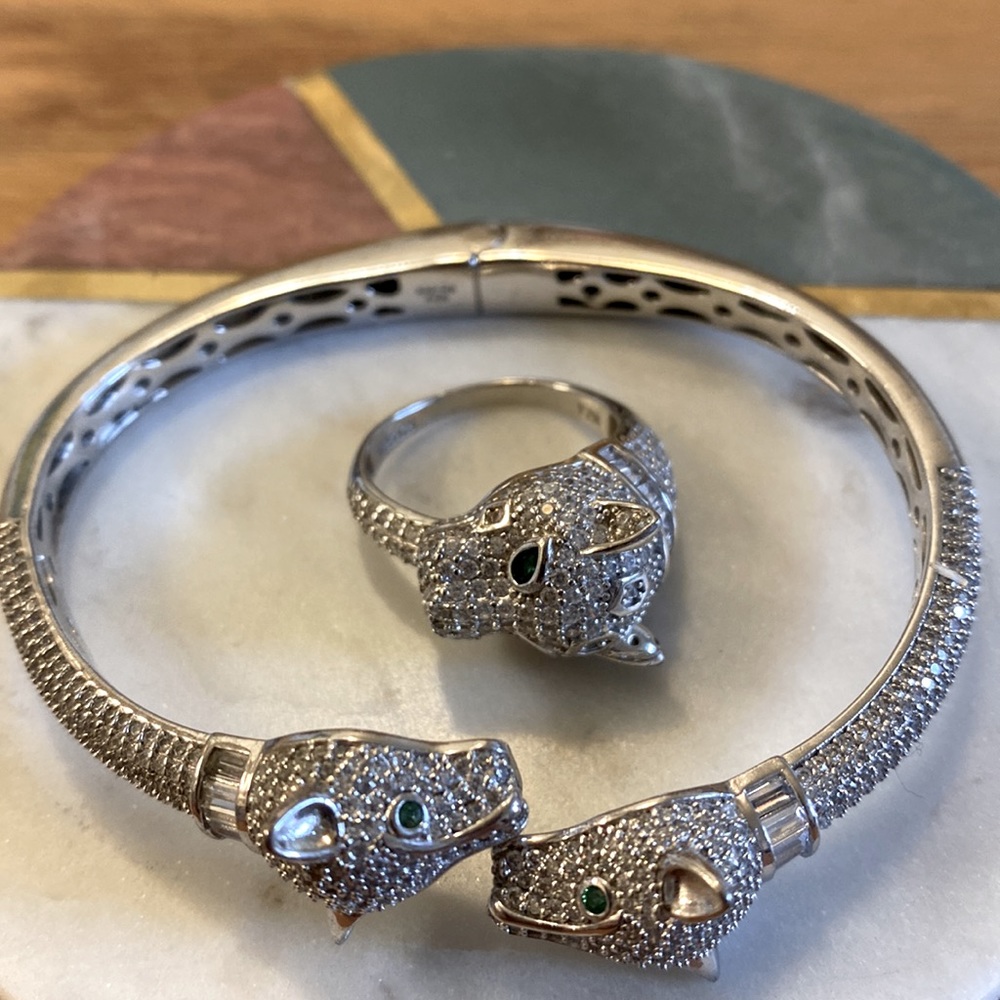 925 Sterling silver crystal and emerald tiger bracelet & ring set sz.6.5. EUC.
